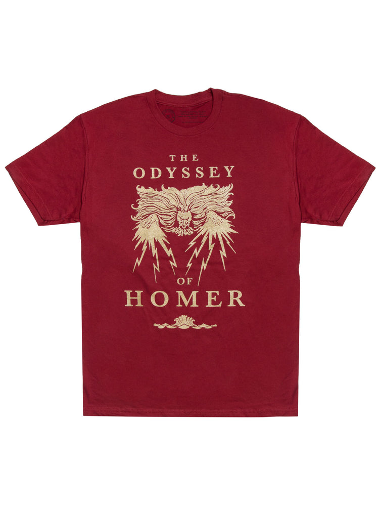 A red fitted unisex t-shirt with a distressed print of 'The Odyssey of Homer' in a gold color.