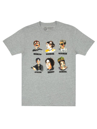 A heather gray t-shirt featuring illustrated portraits of various authors on the front.