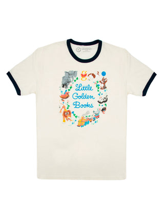 A white t-shirt with 'Little Golden Books' text and illustrations printed on the front, with midnight navy trim on the sleeves.
