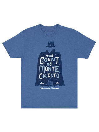 A vintage royal blue fitted crew neck t-shirt featuring an illustration of a character in a coat and hat with the text 'The Count of Monte Cristo' on it.