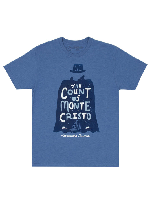 A vintage royal blue fitted crew neck t-shirt featuring an illustration of a character in a coat and hat with the text 'The Count of Monte Cristo' on it.