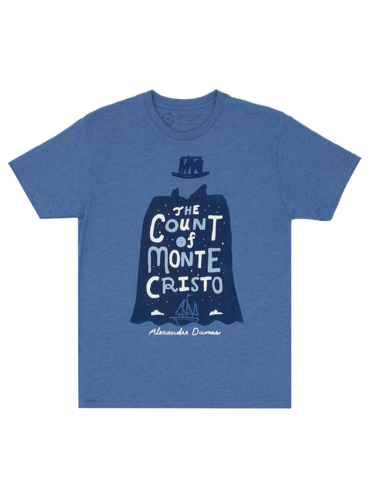A vintage royal blue fitted crew neck t-shirt featuring an illustration of a character in a coat and hat with the text 'The Count of Monte Cristo' on it.