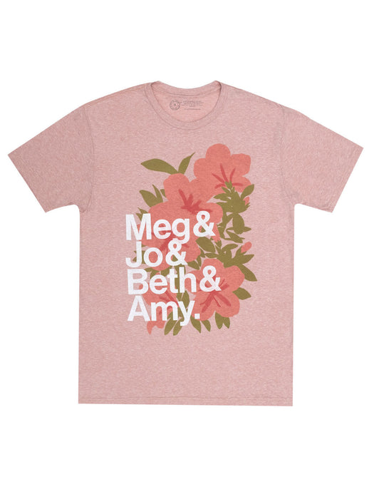 A pink fitted unisex t-shirt with text 'Meg & Jo & Beth & Amy' and floral patterns.