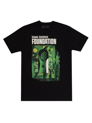 Black fitted t-shirt with 'Isaac Asimov Foundation' text and related graphics in green.