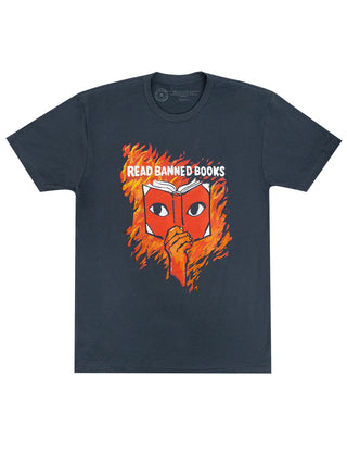 A navy blue unisex t-shirt with a distressed print that includes text 'READ BANNED BOOKS' and an illustration of eyes made from flames.