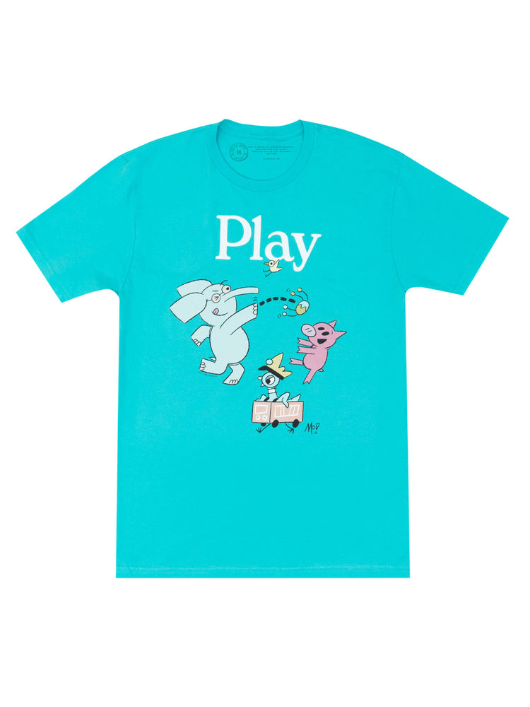 A blue t-shirt with the text 'Play' and an illustration of an elephant and a piglet designed by Mo Willems.