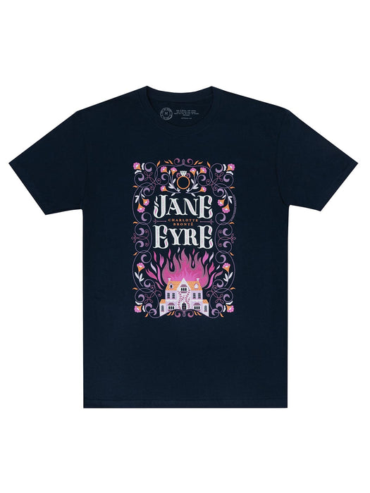 A midnight navy Jane Eyre unisex t-shirt featuring a colorful, distressed print of the title and related imagery.