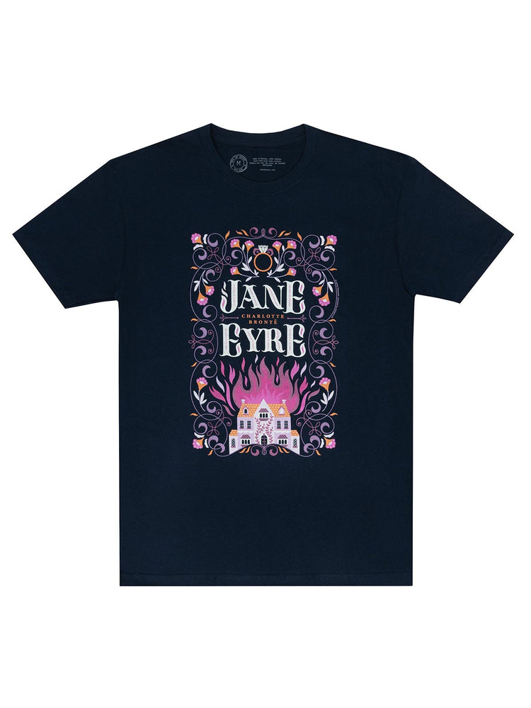 A midnight navy Jane Eyre unisex t-shirt featuring a colorful, distressed print of the title and related imagery.