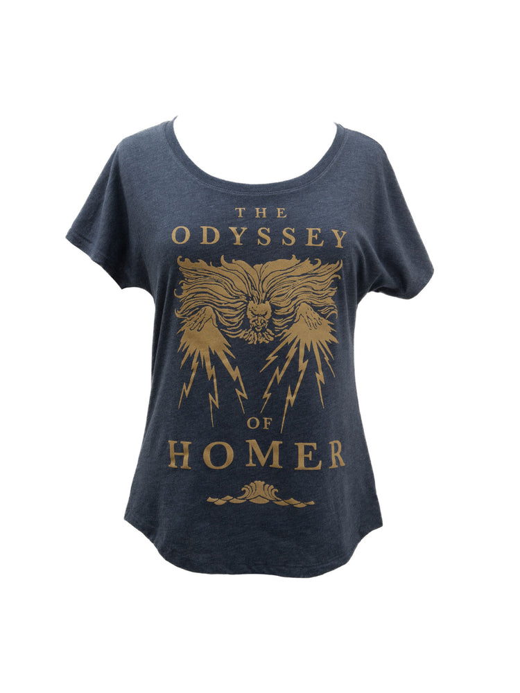 Women's navy blue t-shirt with a distressed print including the text 'The Odyssey of Homer' and a classical illustration.