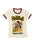 women's ringer t-shirt with 'The Shining' movie cover art, predominantly cream color with maroon trim, featuring the film's characters and Stephen King branding.