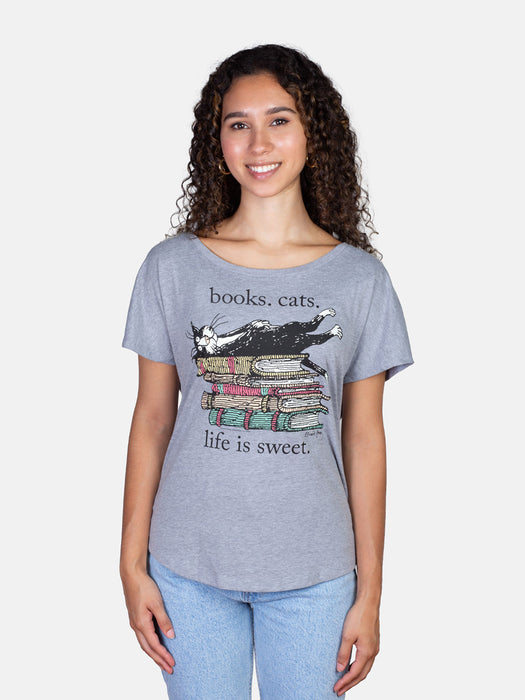 Books. Cats. Life is Sweet. women's relaxed fit t-shirt