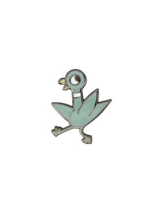 Enamel pin shaped like a pigeon with a black nickel finish on a white background