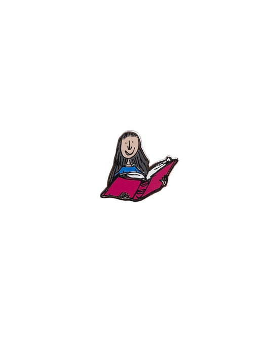 Enamel pin with an illustration of a character from the book 'Matilda' by Roald Dahl, depicted in silver, black, and pink colors.