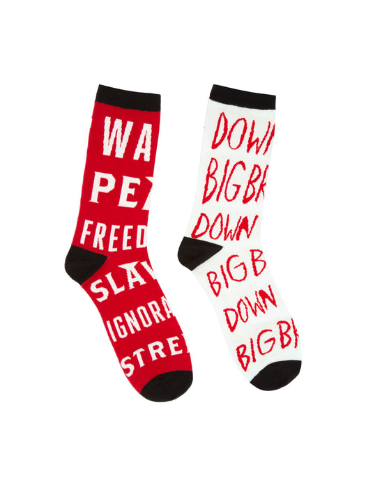 Mismatched 1984 socks that say "Down with Big Borther on one sock; War is Peace - Freedom is Slavery - Ignorance is Strength on the other sock.