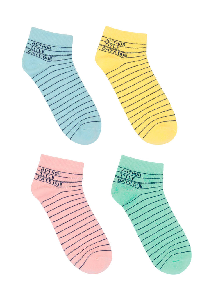 A set of four ankle socks in pastel colors, each with the text 'Author Title Date Due' and stripes pattern.