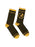 A pair of black and gold Hunger Games-themed socks featuring the Mockingjay symbol.