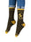 A pair of black and gold Hunger Games-themed socks featuring the Mockingjay symbol.