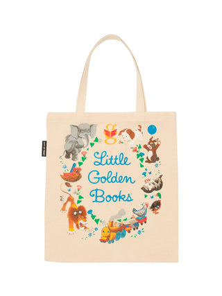 A beige cotton canvas tote bag with 'Little Golden Books' text and illustrations of children and animals.