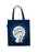 A navy-colored cotton canvas tote bag with the phrase 'Raised by books' printed in white, accompanied by an illustration of a bookshelf.