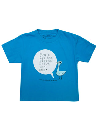 A blue kids' t-shirt with a graphic print of a pigeon and the phrase 'Don't Let the Pigeon Drive the Bus!', based on the Mo Willems book.